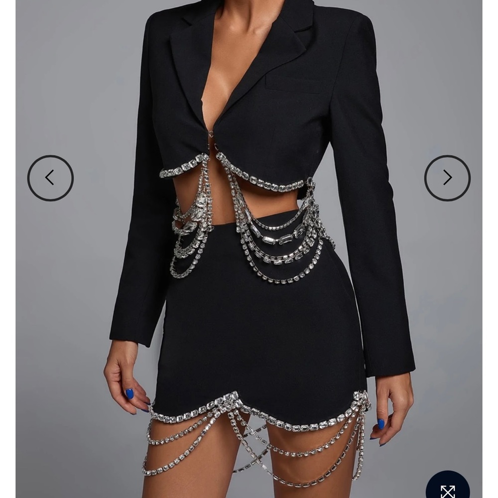 Crystal-Chain Embellished Black Skirt Set